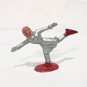 Vintage Antique Winter Christmas Barclay Lead Figure Skater Village Silver Red